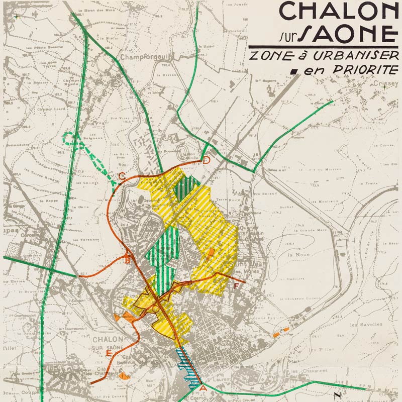 En jaune, la ZUP de Chalon-sur-Saône (Saône-et-Loire) : plan d'urbanisme de détail du quartier de l'ancien canal et du boulevard de la rocade au nord du pont de la Colombière, ministère de la Construction, 1963.