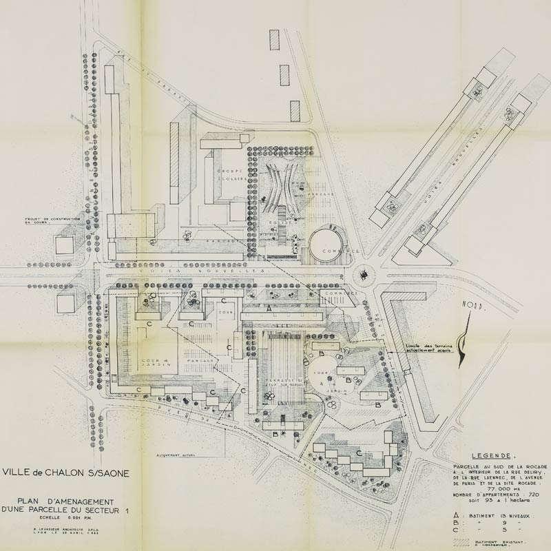 Plan de masse de l'opération Laënnec à Chalon-sur-Saône (Saône-et-Loire). Plan de R. Levasseur, avril 1963, partiellement réalisé.