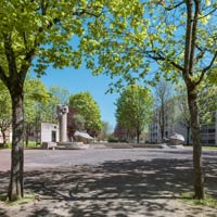 ZUP Derrière-Cluny à Beaune (Côte-d'Or) : le mail piétonnier mène à plusieurs placettes ombragées. L'une d'elles est conçue comme un véritable carrefour central.